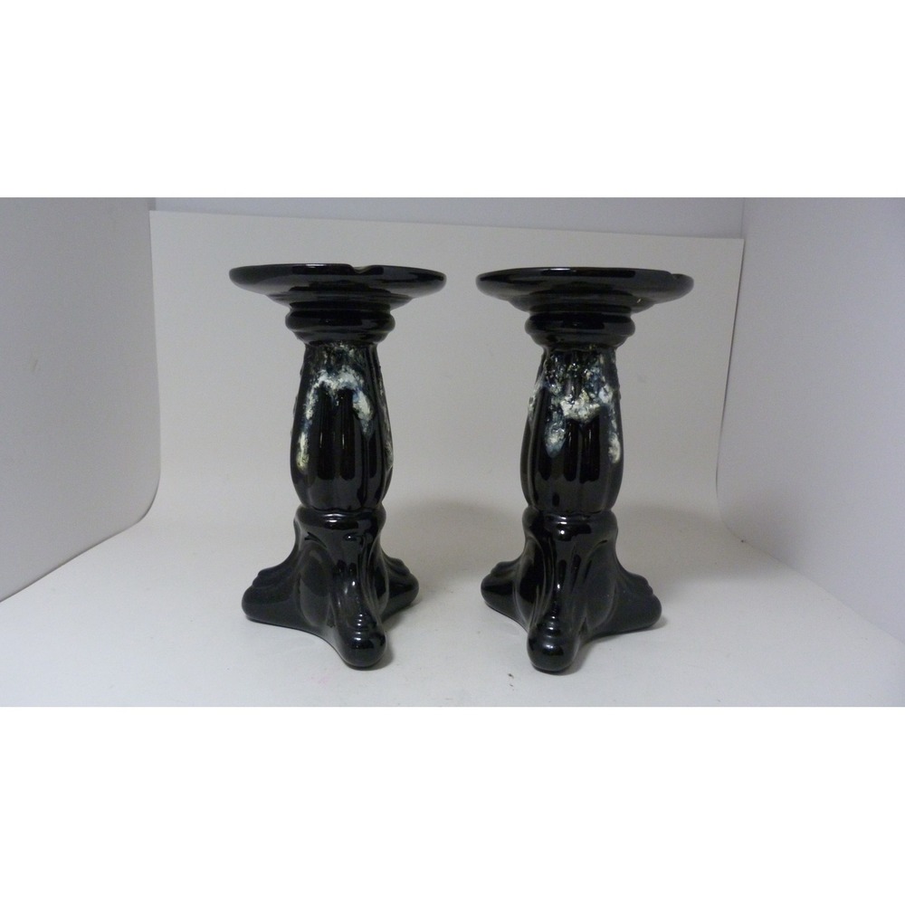 Georgette Black Ceramic Drip Glaze Taper Candle Holders Set of 2 Tripod Base